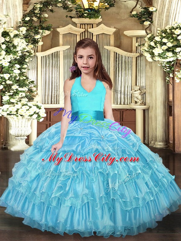 Hot Selling Floor Length Aqua Blue Kids Pageant Dress Organza Sleeveless Ruffled Layers