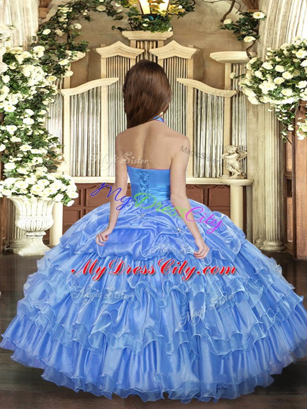 Hot Selling Floor Length Aqua Blue Kids Pageant Dress Organza Sleeveless Ruffled Layers