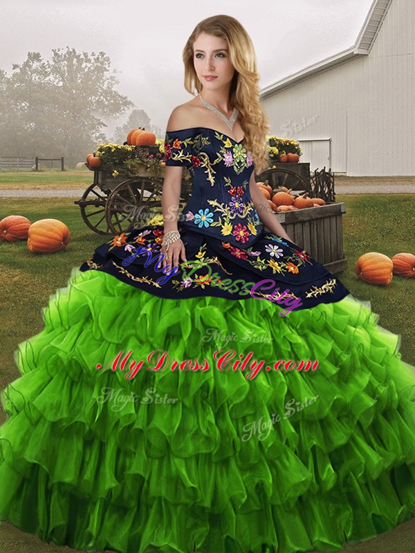 Green Sleeveless Embroidery and Ruffled Layers Floor Length Sweet 16 Quinceanera Dress