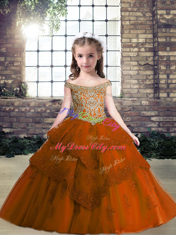 Off The Shoulder Sleeveless Pageant Dress for Girls Floor Length Beading and Appliques Rust Red Tulle