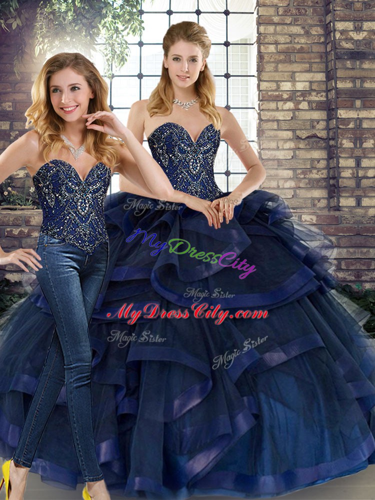 Captivating Navy Blue Tulle Lace Up 15 Quinceanera Dress Sleeveless Floor Length Beading and Ruffles