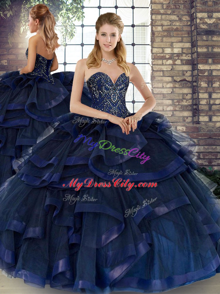 Captivating Navy Blue Tulle Lace Up 15 Quinceanera Dress Sleeveless Floor Length Beading and Ruffles