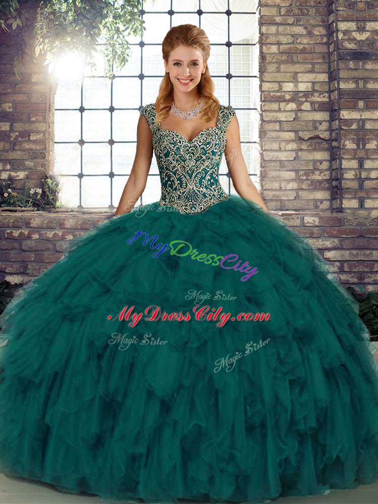 Perfect Straps Sleeveless Organza Quinceanera Gown Beading and Ruffles Lace Up