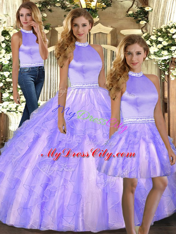 Fashionable Halter Top Sleeveless Sweet 16 Dresses Floor Length Beading and Ruffles Lavender Tulle