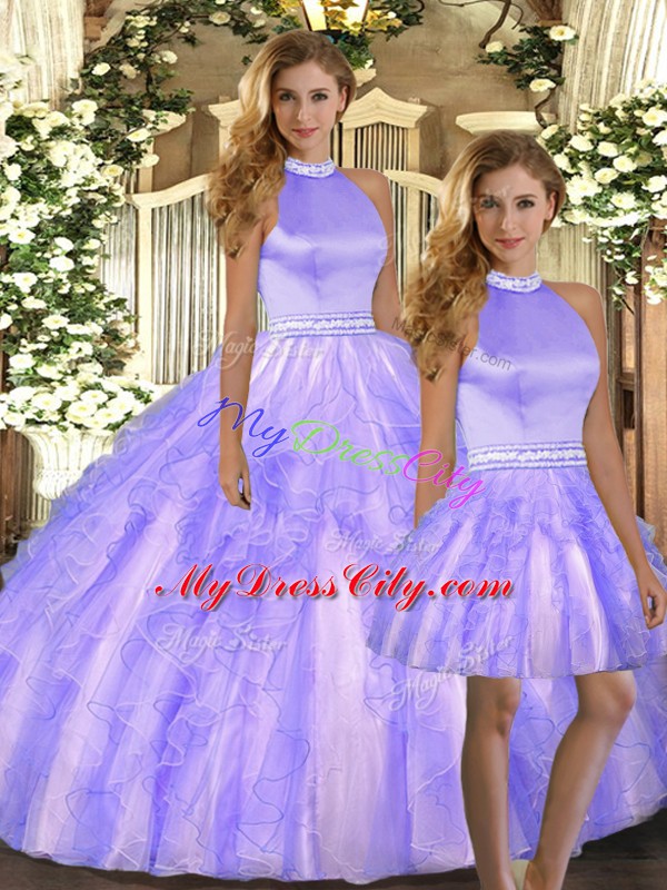 Fashionable Halter Top Sleeveless Sweet 16 Dresses Floor Length Beading and Ruffles Lavender Tulle