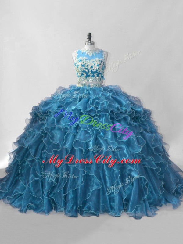 Cute Organza Scoop Sleeveless Brush Train Zipper Beading and Ruffles Vestidos de Quinceanera in Blue