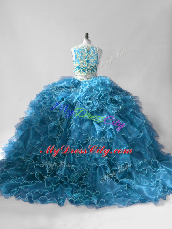 Cute Organza Scoop Sleeveless Brush Train Zipper Beading and Ruffles Vestidos de Quinceanera in Blue