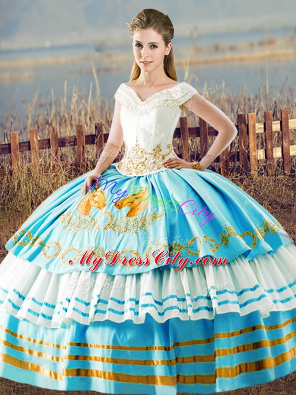 Low Price Sleeveless Lace Up Floor Length Embroidery and Ruffled Layers Quinceanera Gowns