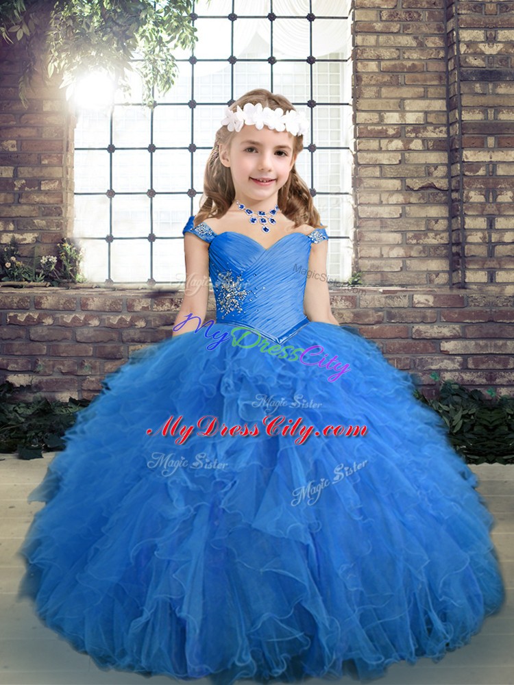 Ball Gowns Little Girls Pageant Gowns Blue Straps Tulle Sleeveless Floor Length Lace Up