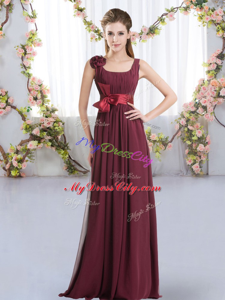 Romantic Burgundy Quinceanera Court of Honor Dress Wedding Party with Belt and Hand Made Flower Straps Sleeveless Zipper