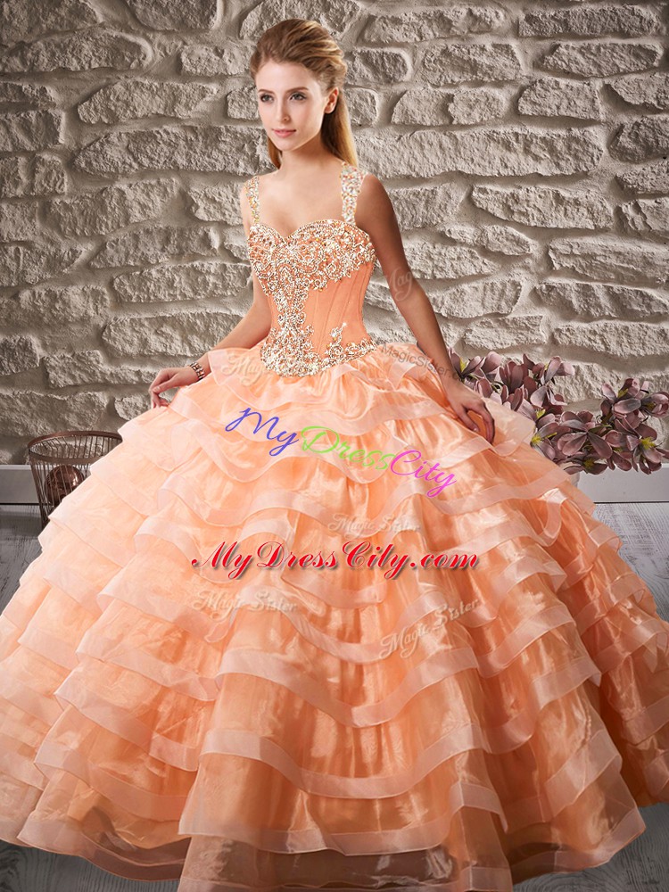 Orange Ball Gowns Organza Straps Sleeveless Beading and Ruffled Layers Lace Up Sweet 16 Dresses Court Train