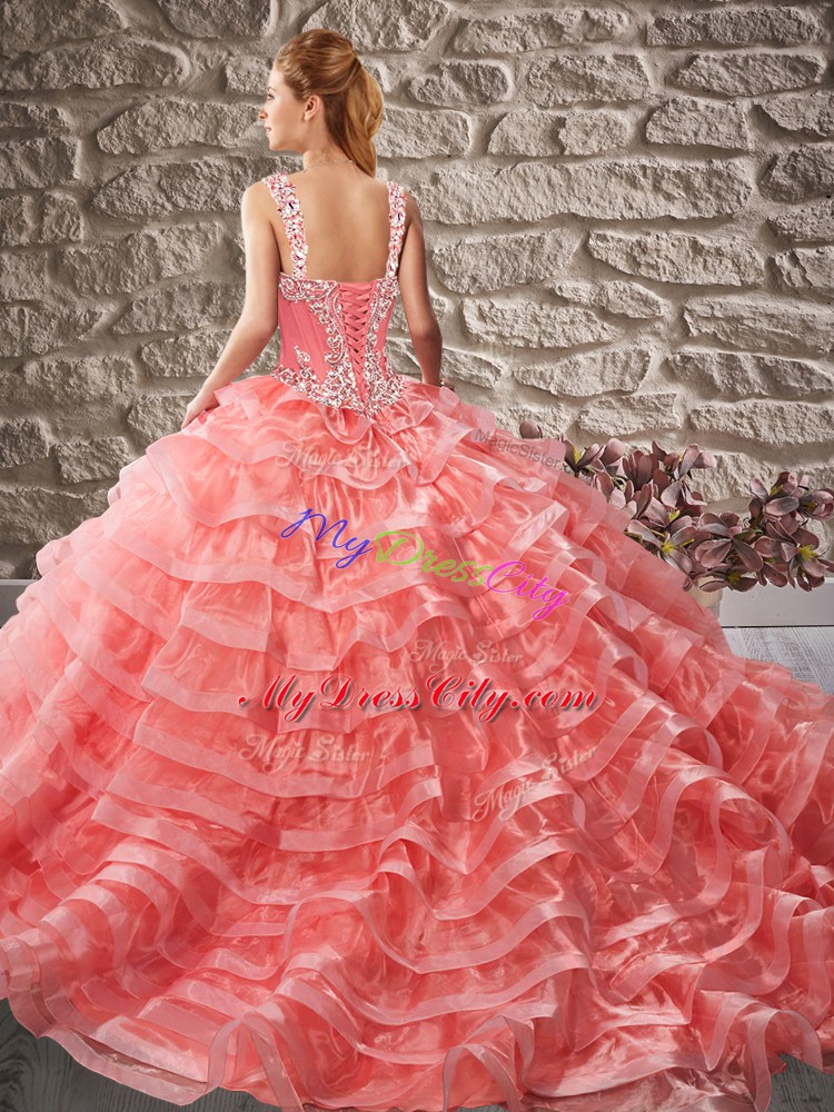 Orange Ball Gowns Organza Straps Sleeveless Beading and Ruffled Layers Lace Up Sweet 16 Dresses Court Train