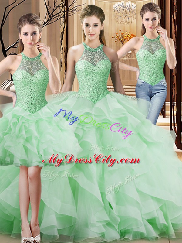 Colorful Apple Green Lace Up Ball Gown Prom Dress Beading and Ruffles Sleeveless Brush Train