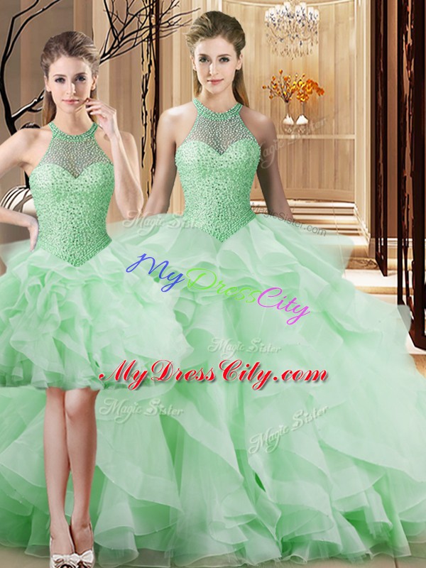 Colorful Apple Green Lace Up Ball Gown Prom Dress Beading and Ruffles Sleeveless Brush Train