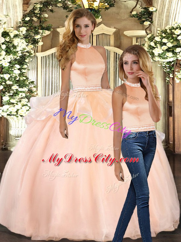 Gorgeous Peach 15th Birthday Dress Sweet 16 and Quinceanera with Beading Halter Top Sleeveless Backless