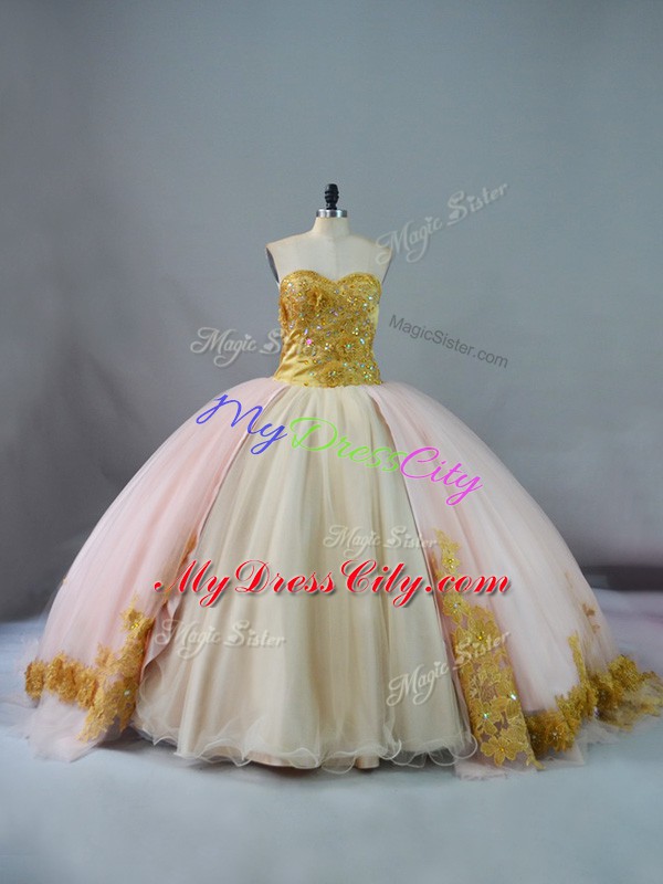 Cheap Pink and Champagne Ball Gown Prom Dress Brush Train Sleeveless Beading and Lace and Appliques