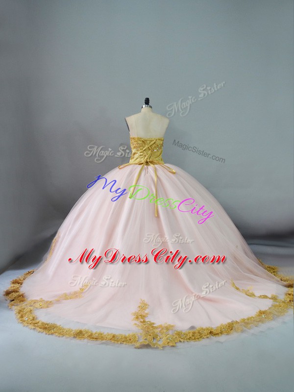 Cheap Pink and Champagne Ball Gown Prom Dress Brush Train Sleeveless Beading and Lace and Appliques