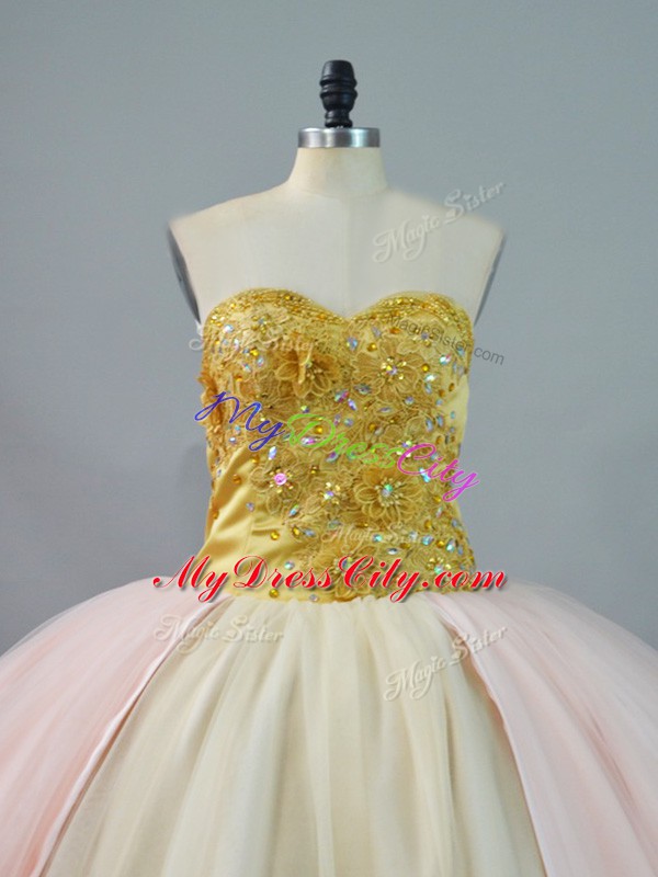 Cheap Pink and Champagne Ball Gown Prom Dress Brush Train Sleeveless Beading and Lace and Appliques