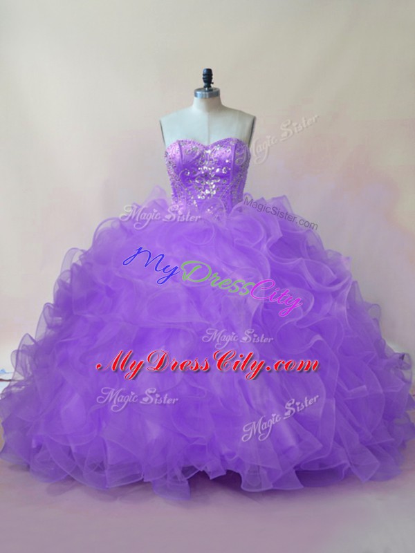 Sleeveless Beading and Ruffles Lace Up Quinceanera Gown with Lavender