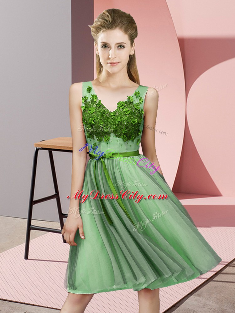 Popular Knee Length Apple Green Quinceanera Court of Honor Dress Tulle Sleeveless Appliques