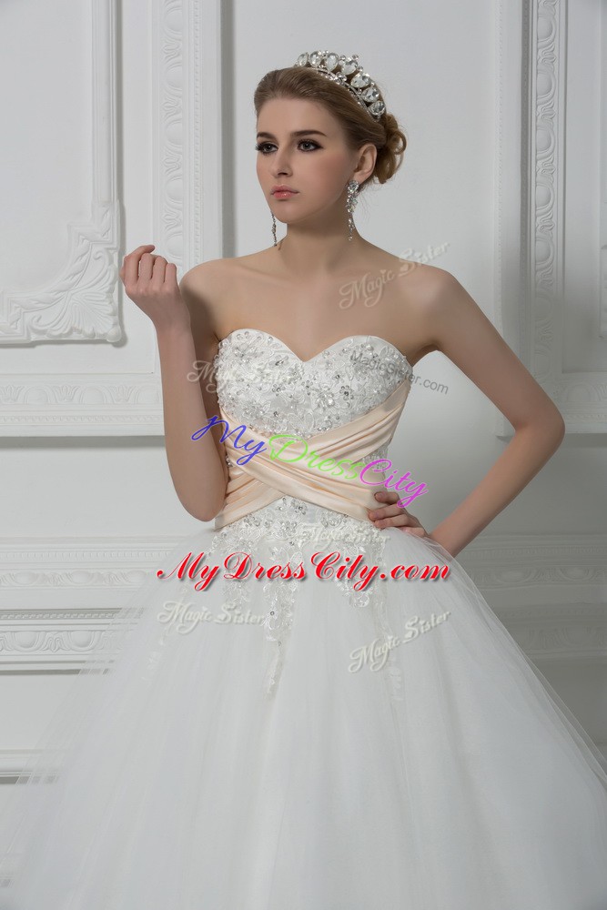 Elegant Sweetheart Sleeveless Lace Up Wedding Gowns White Tulle