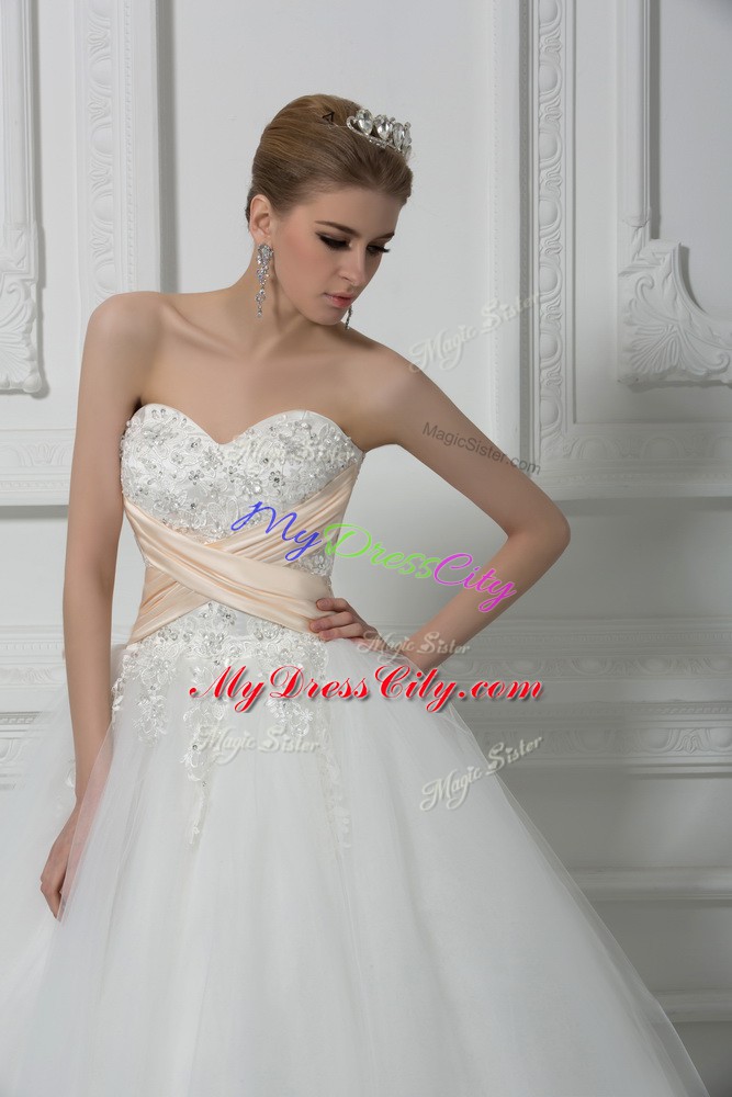 Elegant Sweetheart Sleeveless Lace Up Wedding Gowns White Tulle