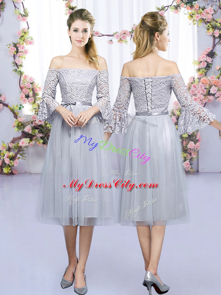 Grey 3 4 Length Sleeve Tulle Lace Up Dama Dress for Wedding Party