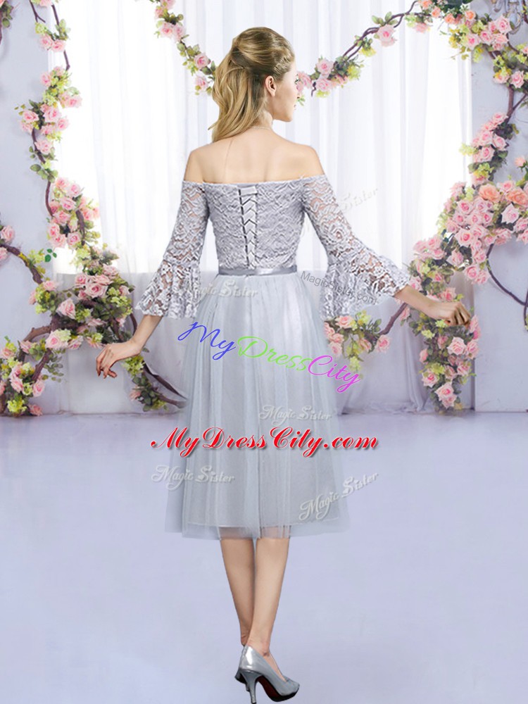 Grey 3 4 Length Sleeve Tulle Lace Up Dama Dress for Wedding Party