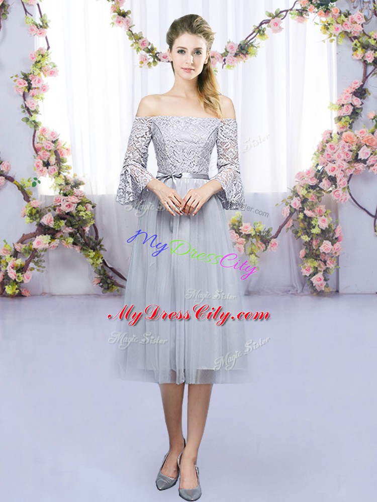 Grey 3 4 Length Sleeve Tulle Lace Up Dama Dress for Wedding Party