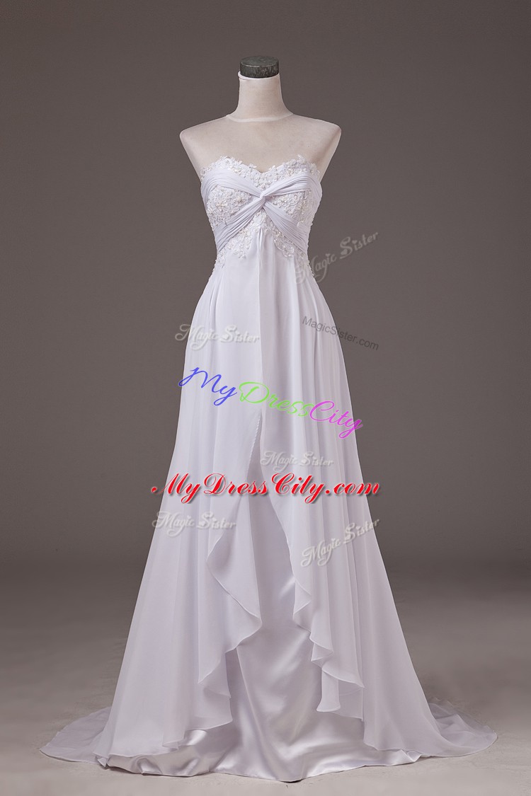 On Sale White Sleeveless Chiffon Sweep Train Lace Up Wedding Dress for Wedding Party