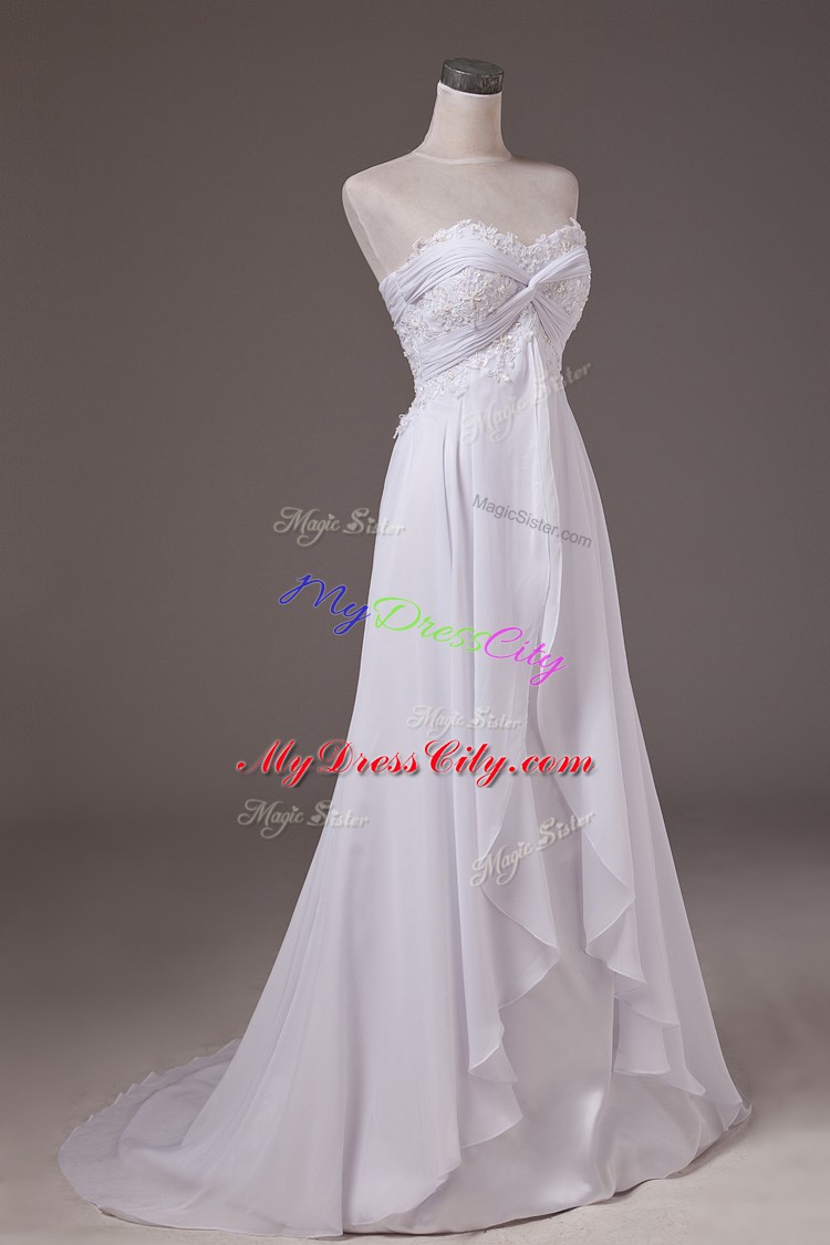 On Sale White Sleeveless Chiffon Sweep Train Lace Up Wedding Dress for Wedding Party