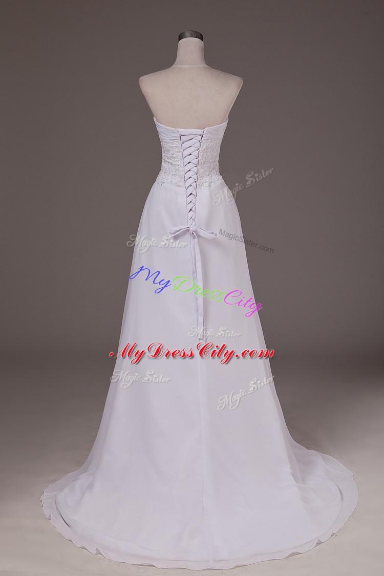 On Sale White Sleeveless Chiffon Sweep Train Lace Up Wedding Dress for Wedding Party