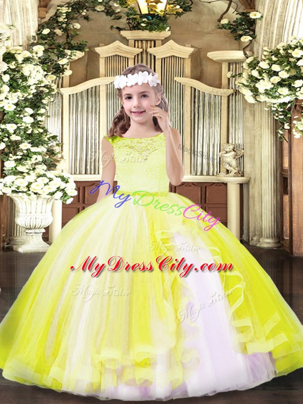 Fashionable Ball Gowns Little Girl Pageant Gowns Yellow Scoop Tulle Sleeveless Floor Length Zipper