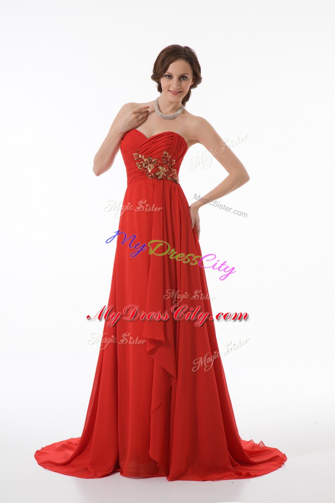 Modest Sleeveless Appliques and Ruching Zipper Womens Evening Dresses with Red Brush Train