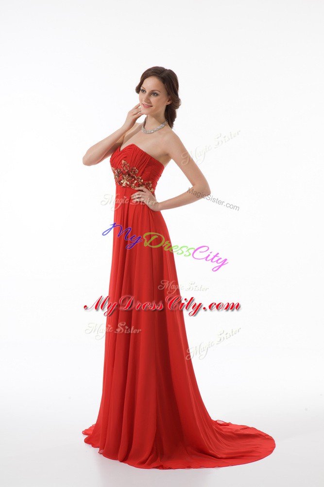 Modest Sleeveless Appliques and Ruching Zipper Womens Evening Dresses with Red Brush Train