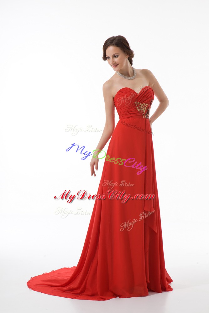 Modest Sleeveless Appliques and Ruching Zipper Womens Evening Dresses with Red Brush Train