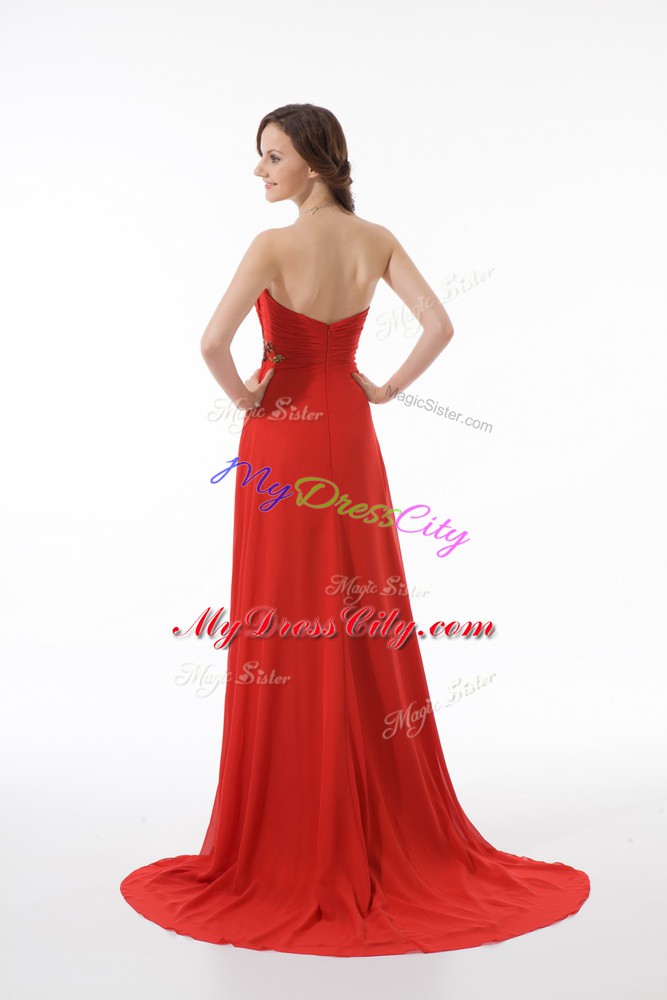 Modest Sleeveless Appliques and Ruching Zipper Womens Evening Dresses with Red Brush Train