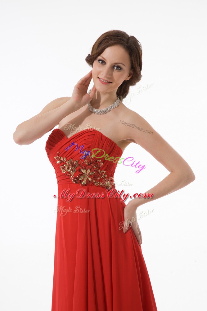 Modest Sleeveless Appliques and Ruching Zipper Womens Evening Dresses with Red Brush Train