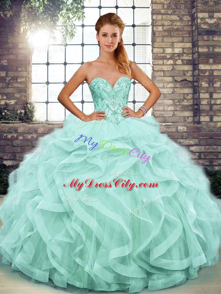 Dramatic Apple Green Tulle Lace Up Vestidos de Quinceanera Sleeveless Floor Length Beading and Ruffles