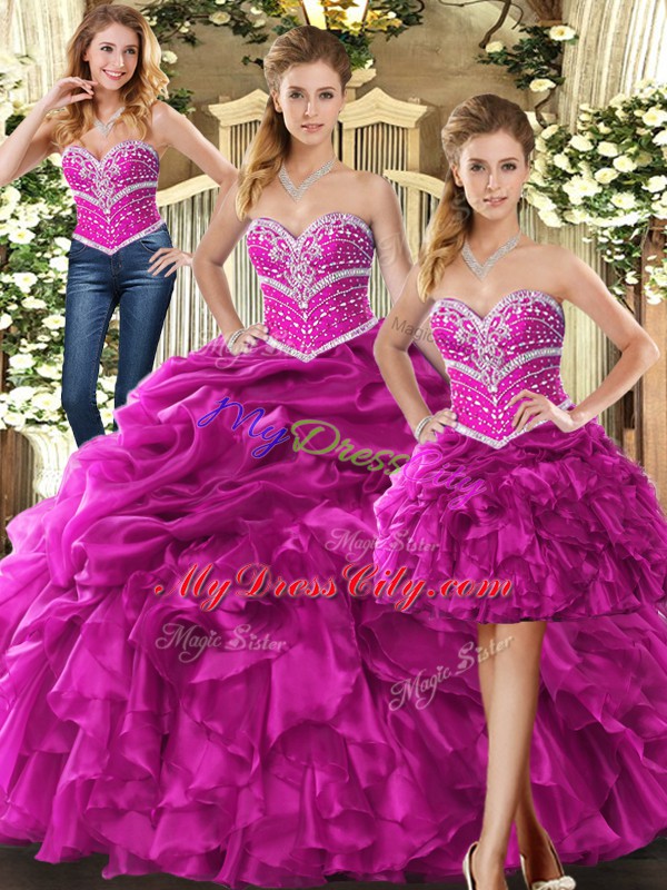 Fuchsia Sleeveless Floor Length Beading and Ruffles Lace Up 15th Birthday Dress