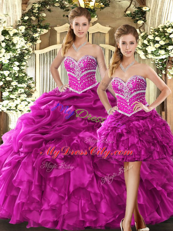 Fuchsia Sleeveless Floor Length Beading and Ruffles Lace Up 15th Birthday Dress