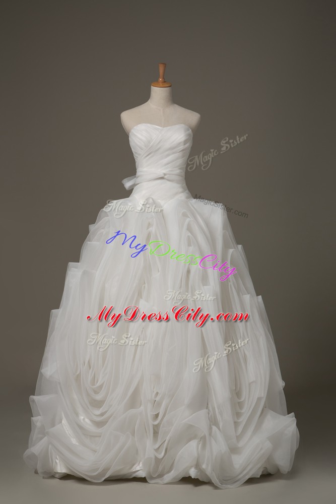 Extravagant Brush Train Ball Gowns Bridal Gown White Sweetheart Fabric With Rolling Flowers Sleeveless Lace Up