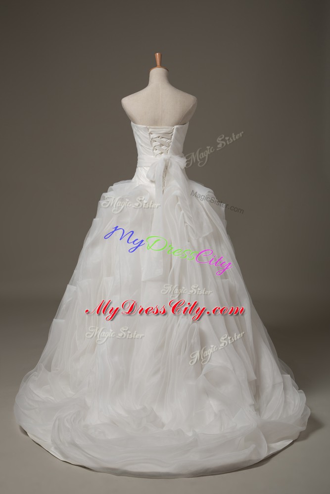 Extravagant Brush Train Ball Gowns Bridal Gown White Sweetheart Fabric With Rolling Flowers Sleeveless Lace Up