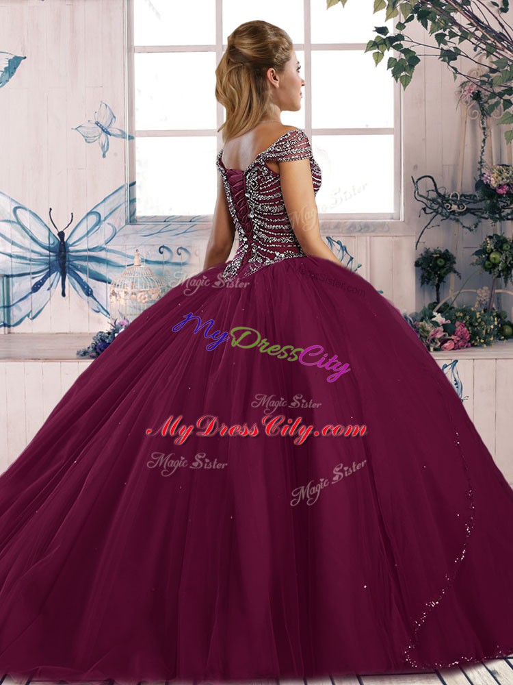 Custom Made Purple Ball Gowns Beading 15 Quinceanera Dress Lace Up Tulle Cap Sleeves