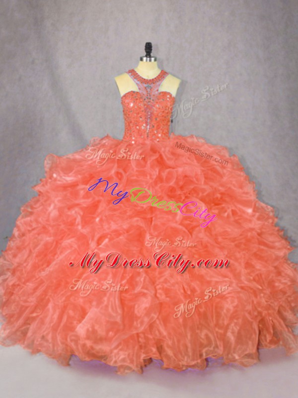 Best Sleeveless Floor Length Beading and Ruffles Zipper Sweet 16 Dress with Orange