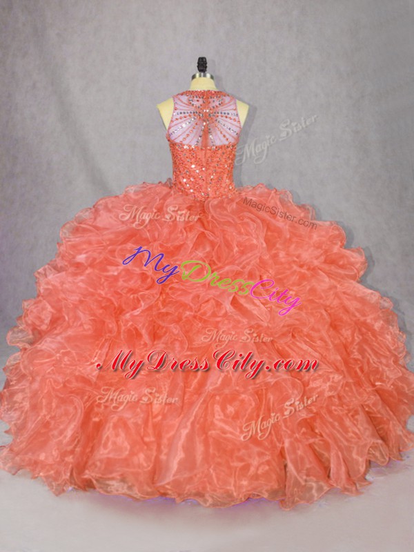 Best Sleeveless Floor Length Beading and Ruffles Zipper Sweet 16 Dress with Orange