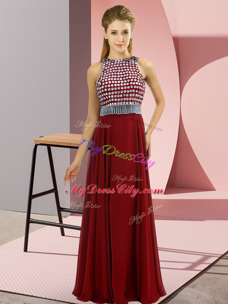 Floor Length Side Zipper Hoco Dress Red for Prom and Party with Beading