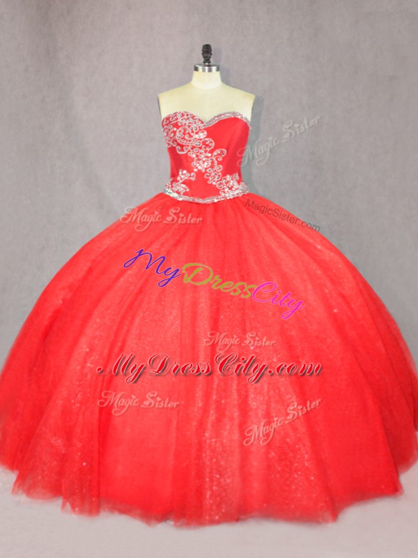 Latest Red Sweetheart Neckline Beading Sweet 16 Dresses Sleeveless Lace Up