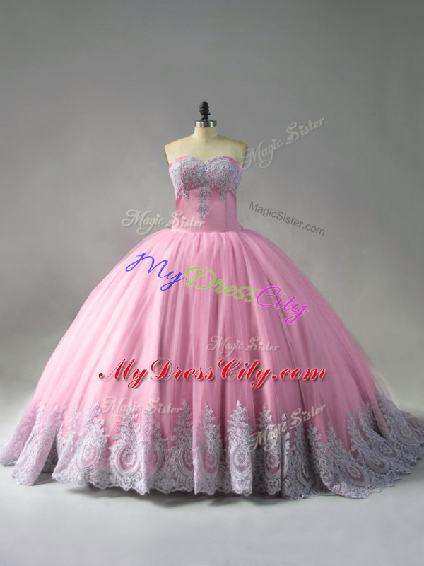 Custom Design Sleeveless Tulle Court Train Lace Up Sweet 16 Dresses in Pink with Beading and Appliques