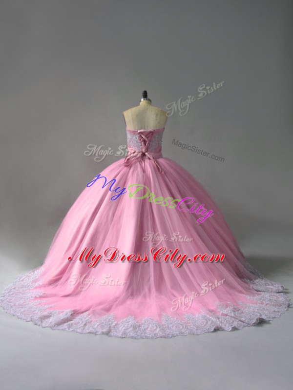 Custom Design Sleeveless Tulle Court Train Lace Up Sweet 16 Dresses in Pink with Beading and Appliques